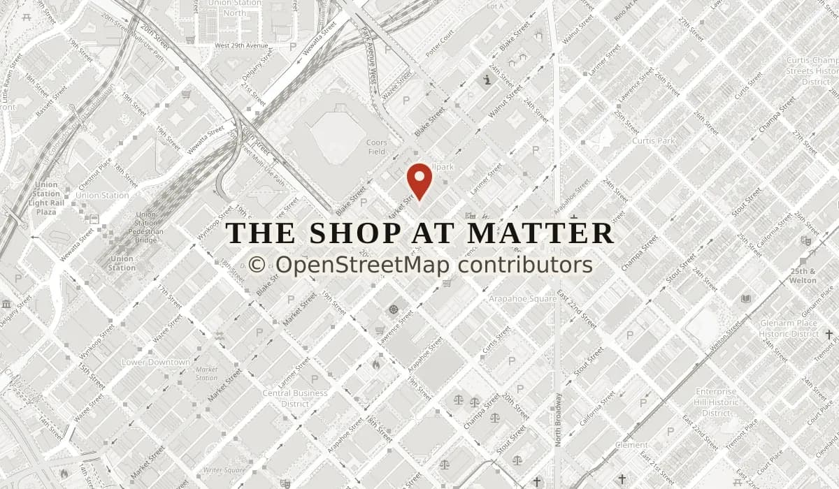 Map of downtown Denver with a pin on The Shop at MATTER, 2114 Market St
