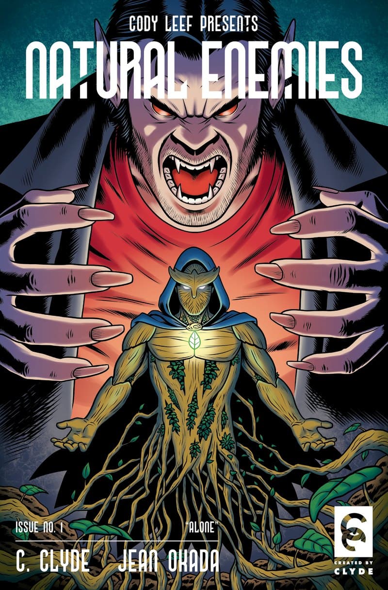 Natural Enemies #1 cover: a hooded eco-hero of roots and leaves rises in front of a snarling, fanged villain