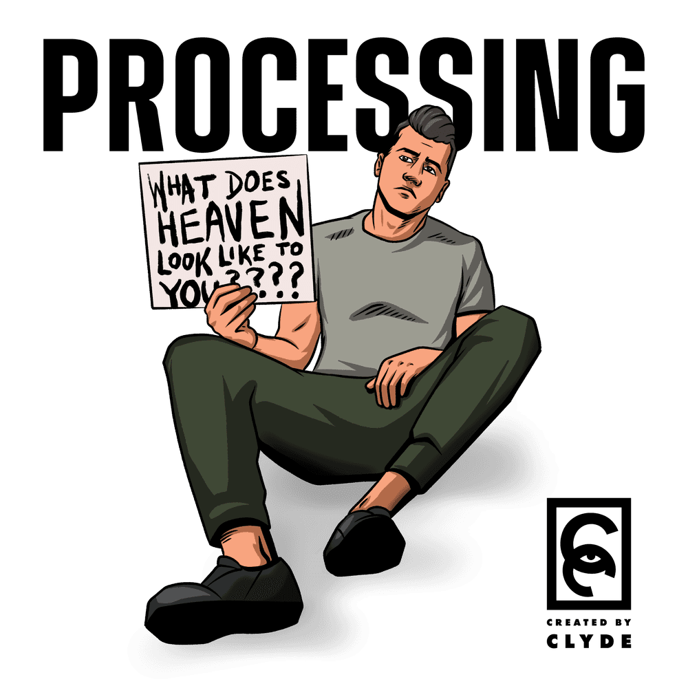 Self-portrait of C. Clyde sitting on the floor, holding a sign that reads: What does heaven look like to you?