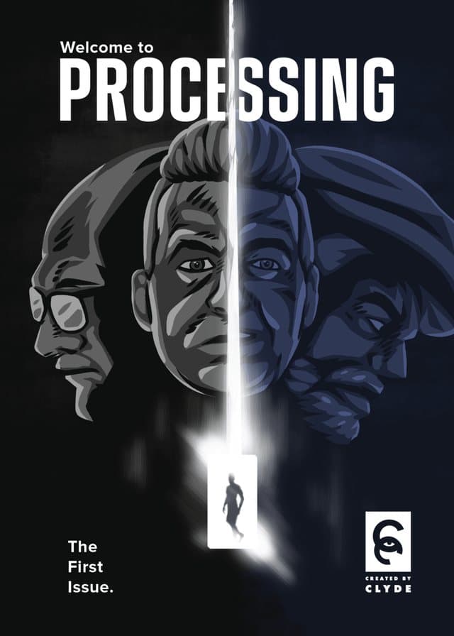 Processing #1 cover: three faces split by a beam of light