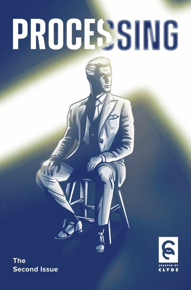 Processing #2 cover: a man in a suit seated on a stool, washed in blue light