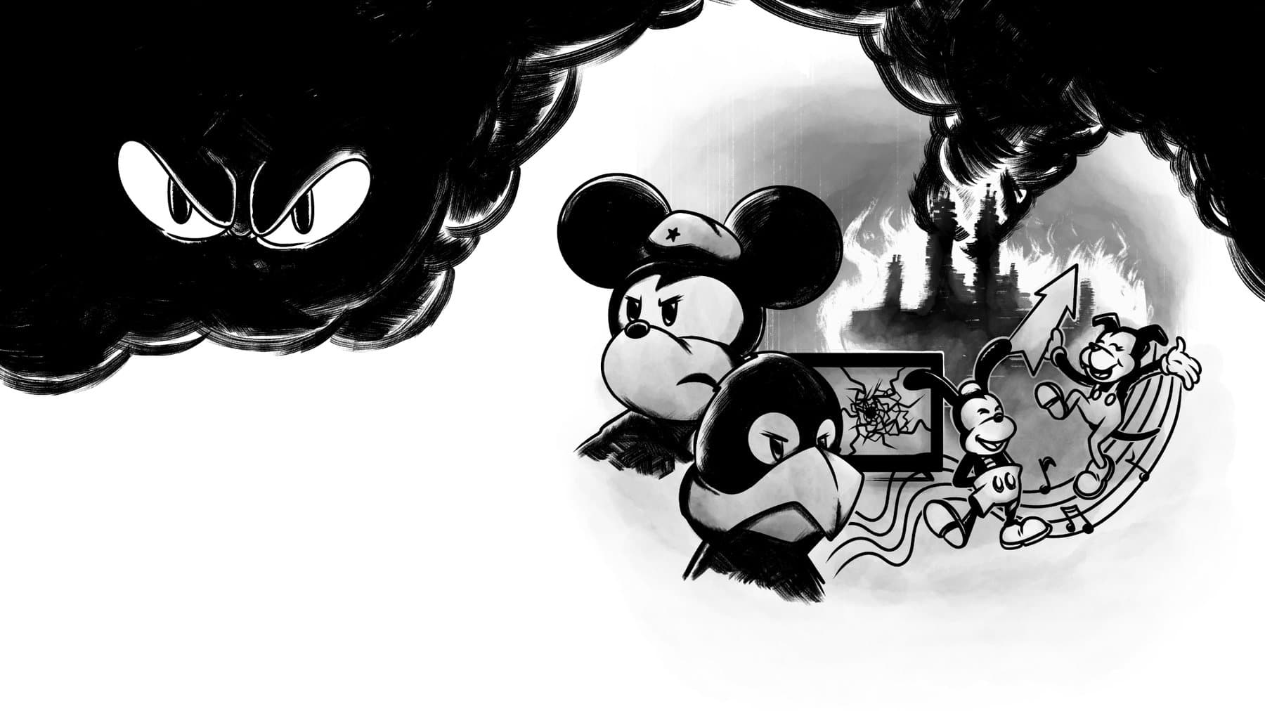 Ink-wash illustration from STEPPERS: a smoke cloud with glaring eyes looms over Mickey in a star-badged cap, a scowling crow, a shattered TV and a grinning rabbit